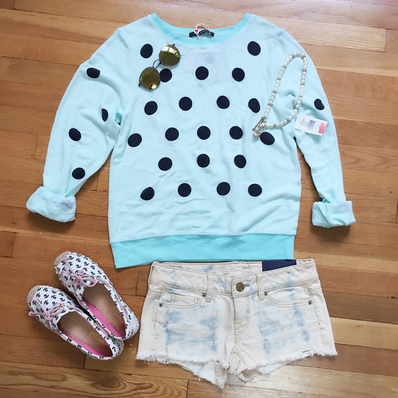 NWT Wildfox Supersoft Cotton Blend Polka-dot Sweatshirt Aqua Blue S - Picture 4 of 8